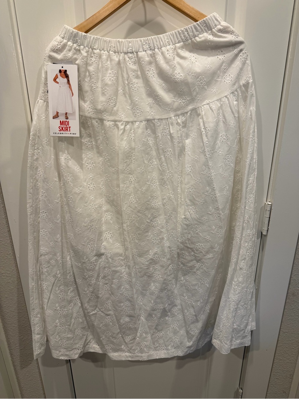 Celebrity Pink White Eyelet Midi Skirt with Elastic Waistband